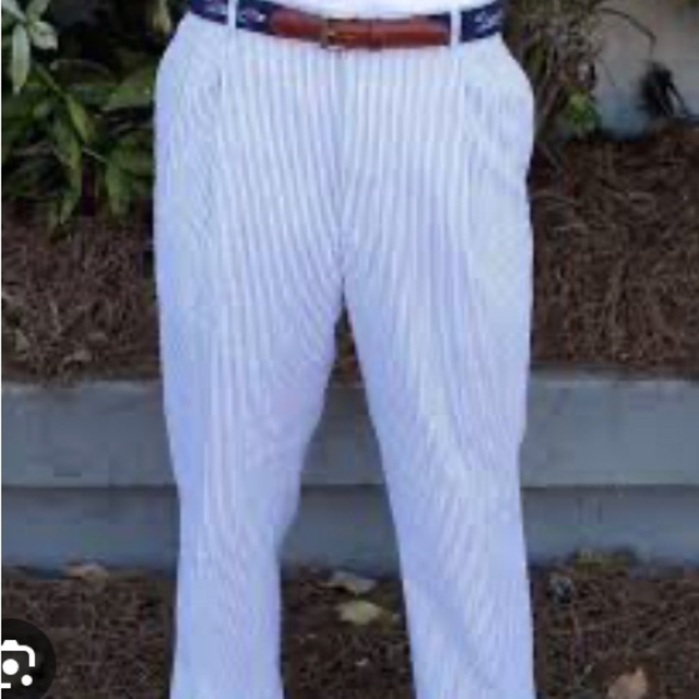 IZOD Men's Blue/White Pleated Sandy Bay Seersucker Pants 38x30